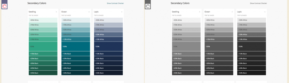 Two screenshots of our colors page, with the left being in full color and the right being displayed monochrome