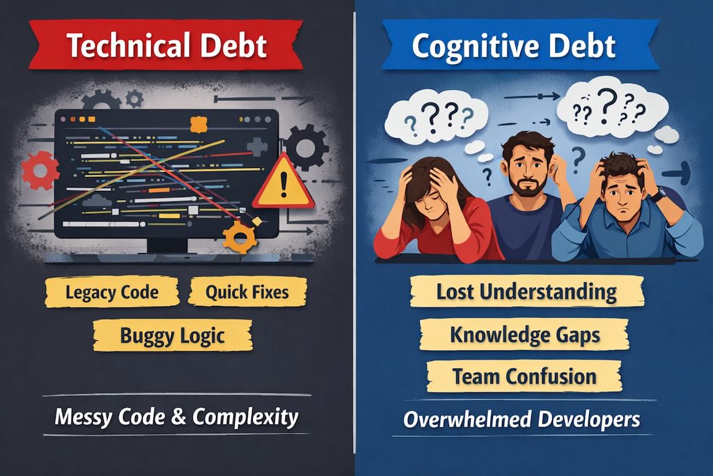 Side by side comparison. Technical debt - legacy code, quick fixes, buggy logic - messy code & complexity. Cognitive debt - lost understanding, knowledge gaps, team confusion. Overwhelmed developers